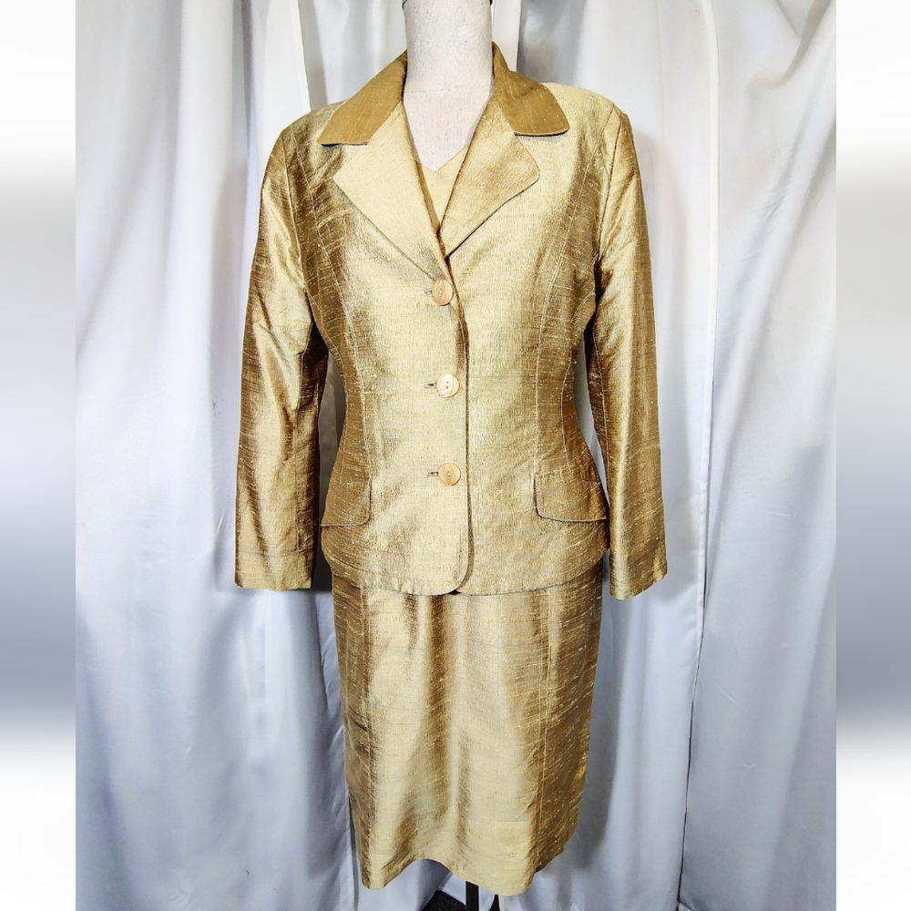 2pc:Kelly Graham Silk Dress Suit,Vntg, Gold Shift Dress+BttnUp Suit Jacket, 8-10